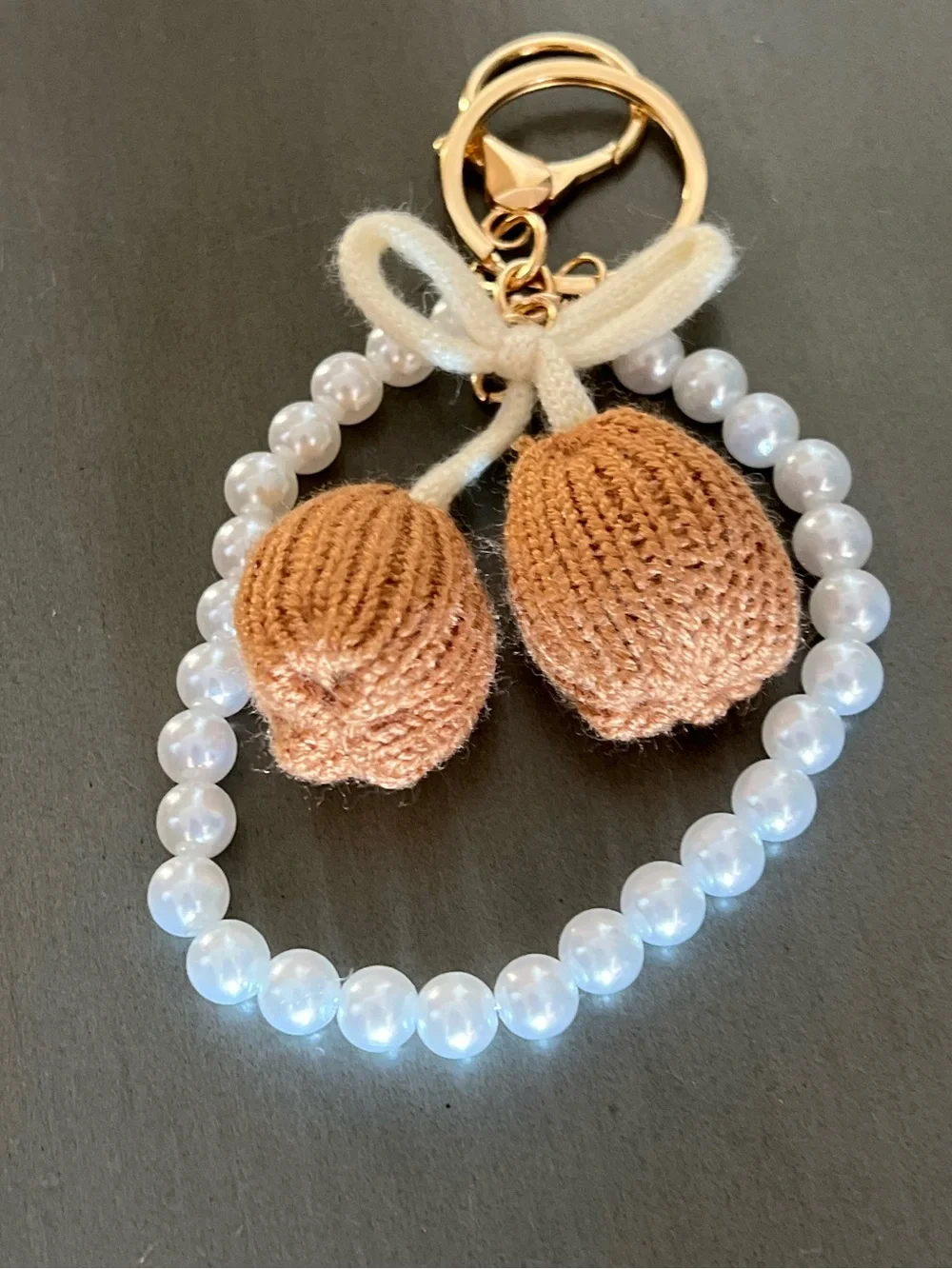 Light Brown Tulip Flower Floral Crochet White Pearl Chain Gold 4.5” Bag Charm